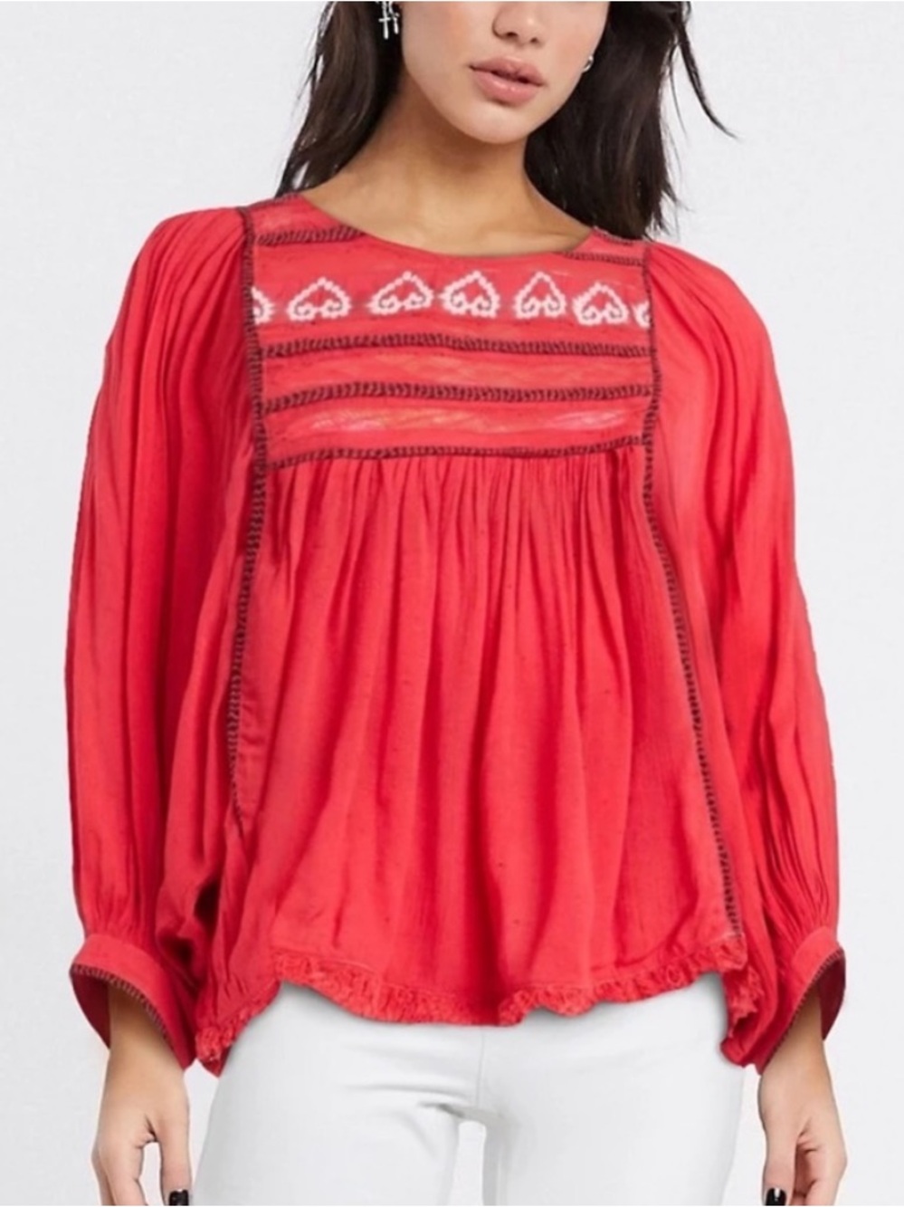 FREE PEOPLE Cyprus Avenue
Embroidered Boho Peasant Top
Strawberry Red SZ LG